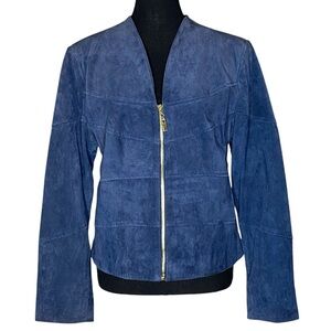 GUILLAUME Blue Suede Leather Jacket Collarless Zipper Y2K Vintage Zipper Medium